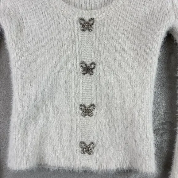No Boundaries Fuzzy Butterfly Cardigan Womens XS White Soft Girl Y2K - Picture 3 of 7
